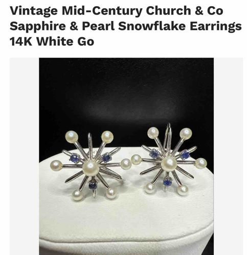 Vintage Mid-Century Church & Co 14K White Gold Sapphire & Pearl Snowflake Earrings