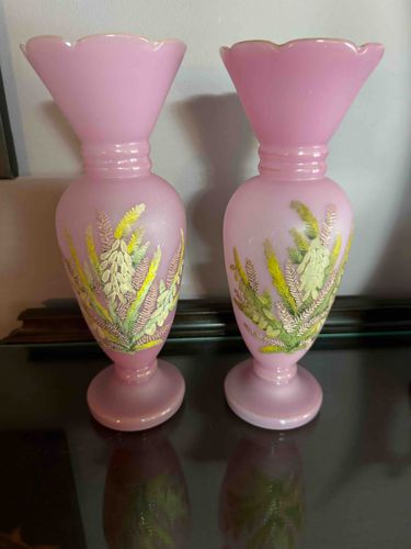 Pair of Antique Pink Bristol Glass Hand-Painted Vases