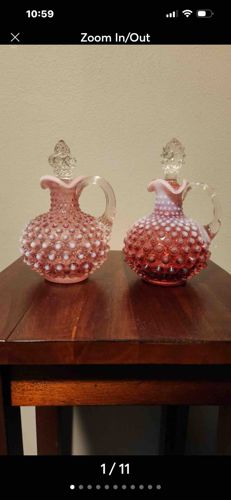 Pair of Fenton Hobnail Pink Opalescent Glass Cruets