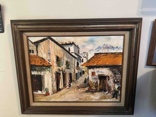 Mediterranean Street Scene Oil Painting with Mountains