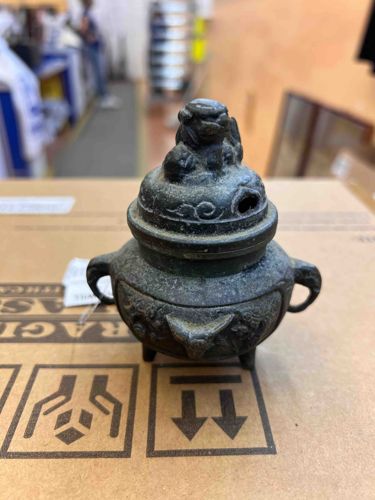 Chinese Bronze Tripod Incense Burner with Shi-Shi Lion Finch