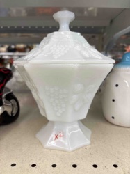 White Milk Glass Covered Compote/Candy Dish with Grape and Vine Pattern