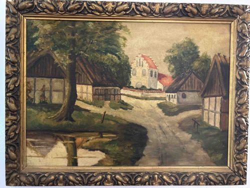 European Village Landscape Oil Painting in Ornate Gilt Frame