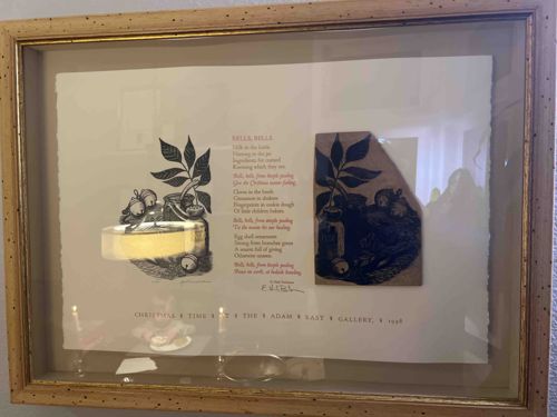 Framed 1998 'Bells, Bells' Woodcut Holiday Broadsheet by Eva Isaksen