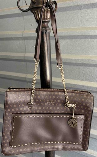 DKNY Brown Monogram Logo Tote Bag with Chain Detail