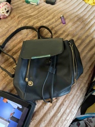 Black Faux Leather Drawstring Mini Backpack with Gold-Tone Hardware