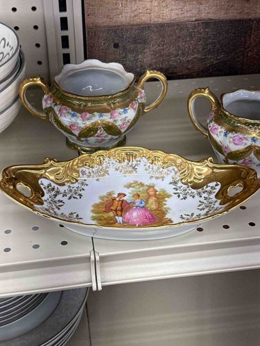 Porcelain Decorative Tray and Covered Sugar Bowl (Partial Set)