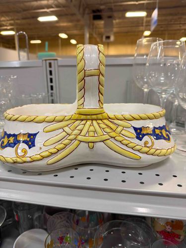 Vintage Majolica Style Ceramic Double-Well Basket Caddy