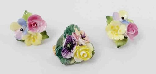 Bone China Floral Brooch and Earrings Set