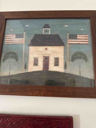 Folk Art Schoolhouse with American Flags Framed Print
