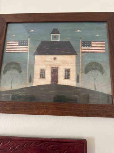 Folk Art Schoolhouse with American Flags Framed Print