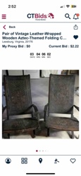 Pair of Vintage Leather-Wrapped Wooden Aztec-Themed Folding Chairs