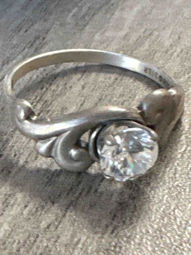 Vintage Art Nouveau Style Silver Solitaire Ring with Cubic Zirconia