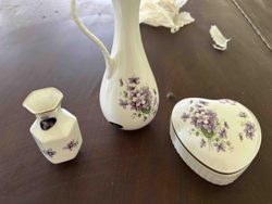 Set of Three Violet-Patterned Porcelain Decorative Items (Vase, Pitcher, and Heart-Shaped Box)