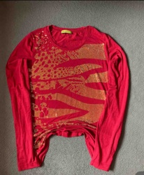 Red Long-Sleeve T-Shirt with Gold Studded Animal Print