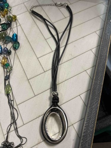 Black Leather Cord Necklace with Double Oval Pendant