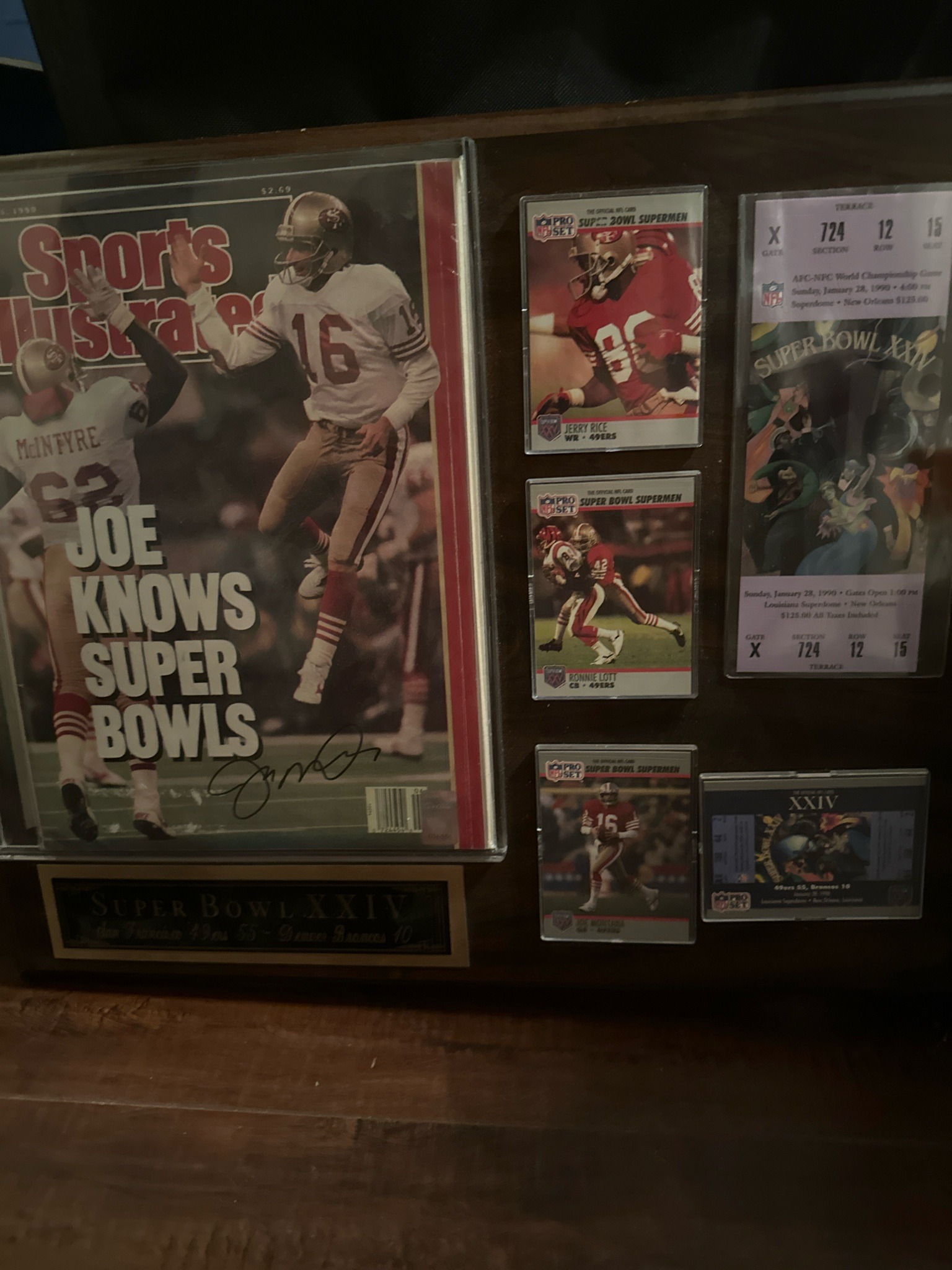 Submitted photo of Sports memorabilia display plaque related to Super Bowl XXIV