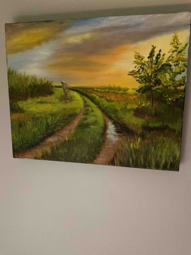 Rural Landscape Oil Painting with Path and Stream