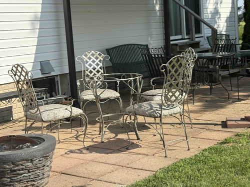 Vintage Wrought Iron Bistro Patio Set with Four Chairs and Round Table