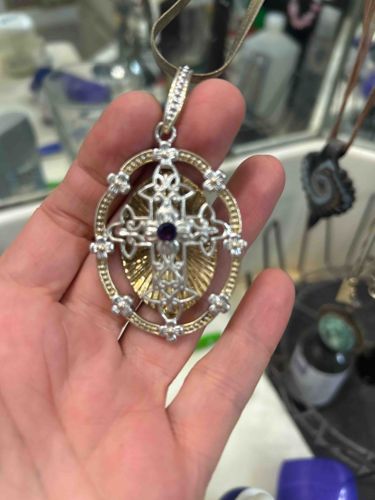 Two-Tone Celtic Cross Medallion Pendant with Amethyst and Cubic Zirconia
