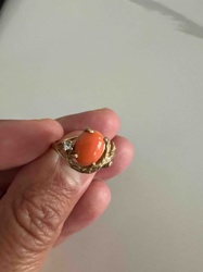 Vintage Gold Ring with Coral Cabochon and Diamond Accent