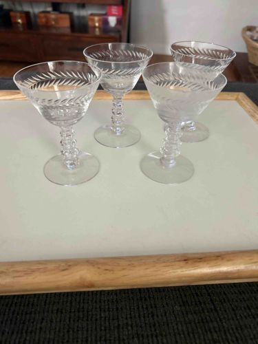 Set of Four Etched Glass Cocktail/Champagne Coupes