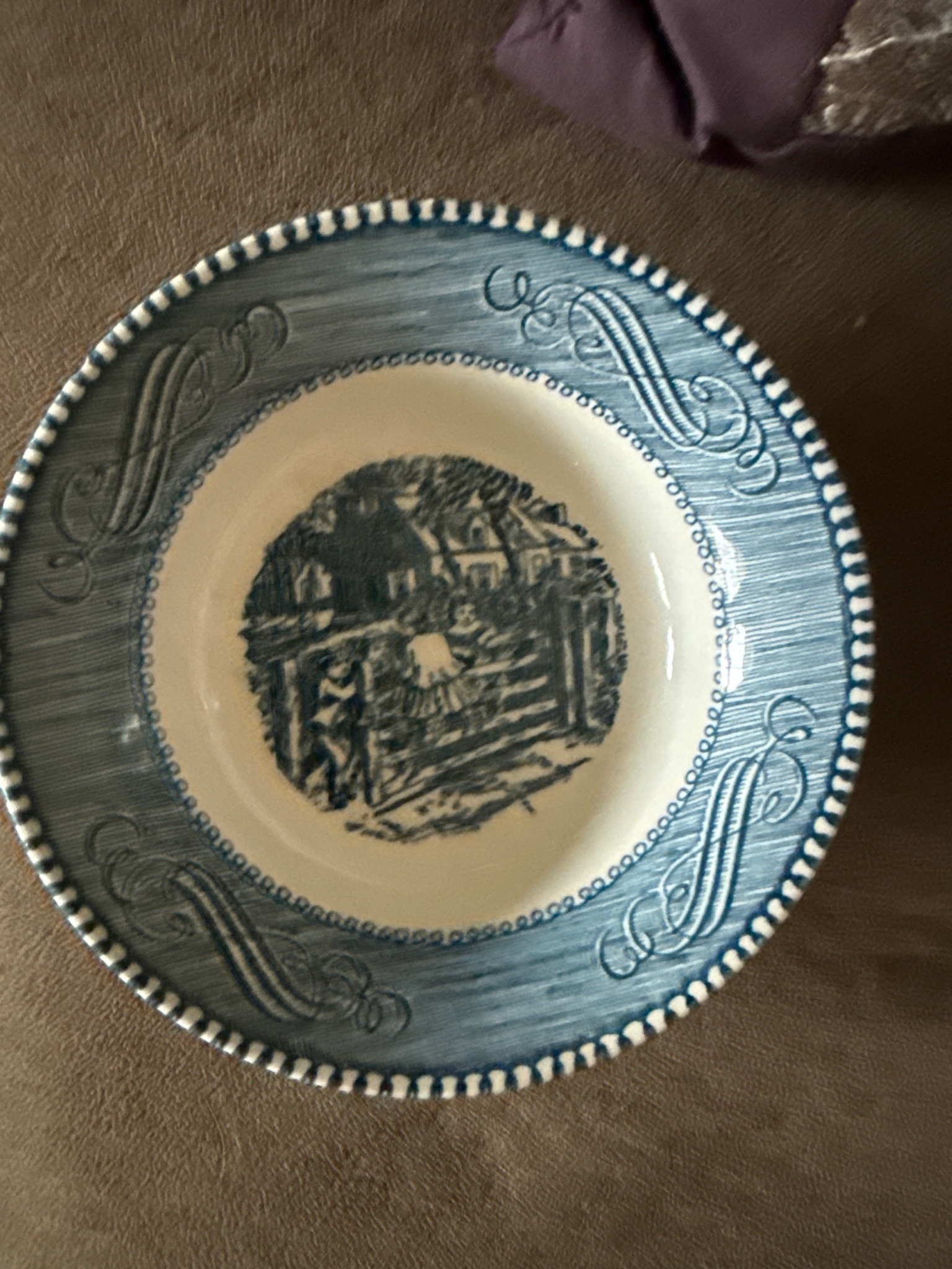 Blue Transferware Cream Soup Bowl or Shallow Rimmed Plate