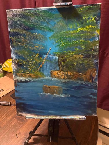 Original Landscape Oil Painting: Forest Waterfall with River