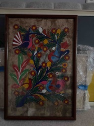 Framed Mexican Folk Art Amate Painting 'Tree of Life' with Birds and Flowers