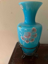 Teal Milk Glass Vase with Floral Hand-Painting in Wrought Iron Stand