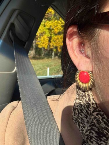 Vintage-Style Red Cabochon and Gold-Tone Dangle Earring with Textile Tassel