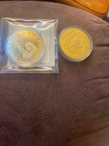Two Gold-Tone Collectible Medallions (Statue of Liberty and Sailing Ship)