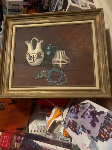 Still Life with Native American Pottery and Turquoise Necklace