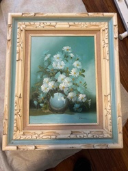 Still Life Painting of White Daisies in a Blue Vase