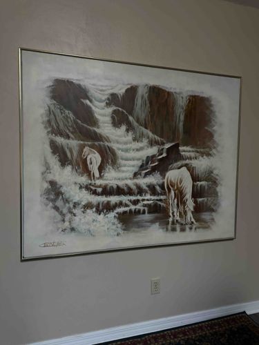 Original Oil Painting of White Horses at a Waterfall by T. Bell