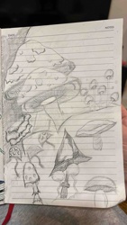 Mushroom-Themed Graphite Sketch in Ruled Journal