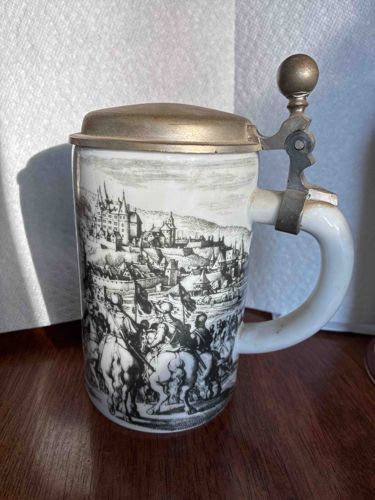 Historical Scene Stoneware Stein with Pewter Lid