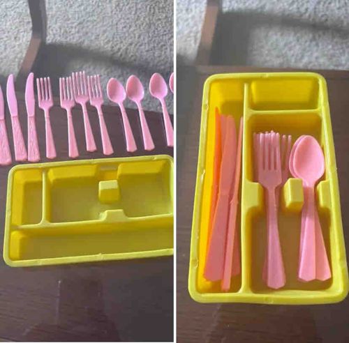 Children's Pink Plastic Cutlery Set with Yellow Tray