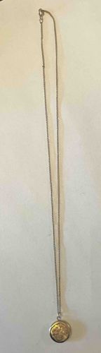 Gold-Toned Round Locket Necklace with Silver-Colored Chain