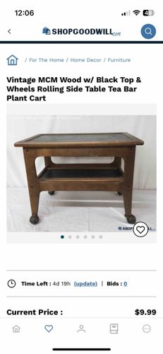 Vintage MCM Wood Rolling Side Table/Tea Bar/Plant Cart w/ Black Top