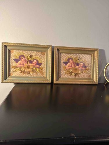 Pair of Framed Mixed Media Cherub Decorations