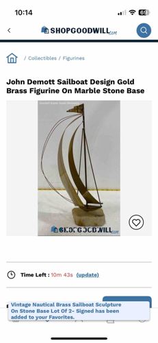 John Demott Sailboat Design Gold Brass Figurine on Marble Stone Base