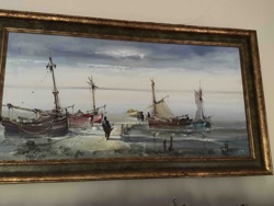 Coastal Scene Oil Painting with Fishing Boats