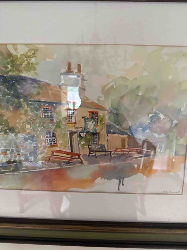 Watercolor Painting of a Pub Scene by R. Barnett