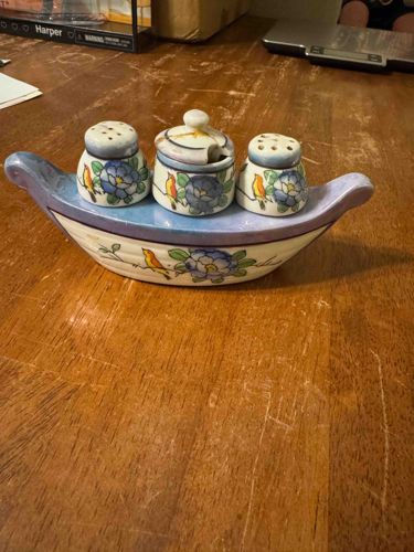 Hand-Painted Ceramic Condiment Set on Boat-Shaped Tray