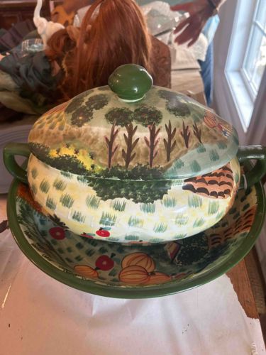 Hand-Painted Terracotta Tureen with Underplate