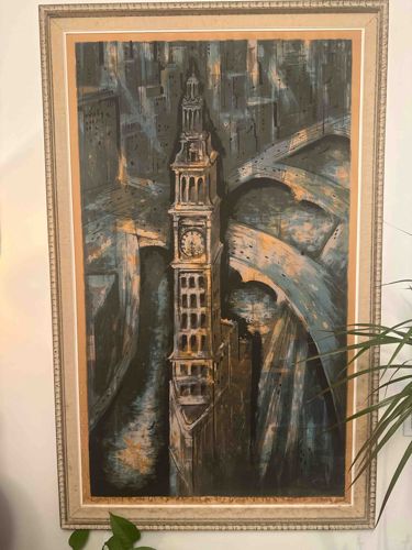 Abstract Cityscape with Clock Tower Painting