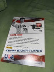 2015 Panini USA Baseball Collegiate National Team Logan Shore 'Team Signatures' Autograph Card /399