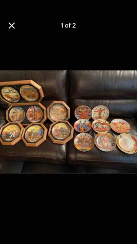 Collection of Decorative Collector Plates with Wooden Holders