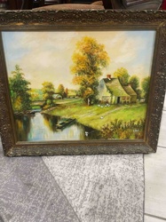 Framed Riverside Countryside Landscape Oil Painting